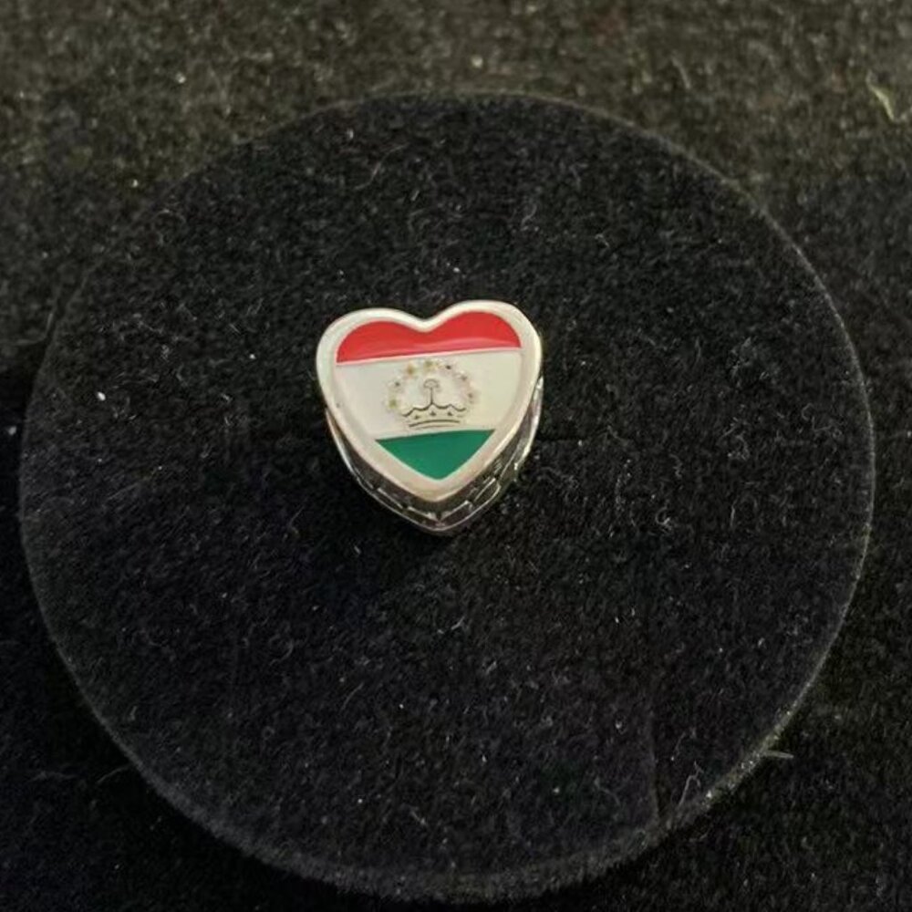 Pandora Tajikistan Flag Heart Charm S925 Sterling Silver Jewelry for Bracelet